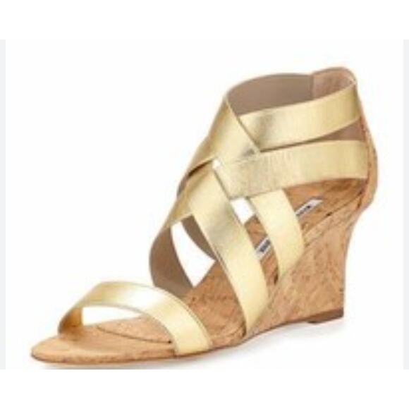 Manolo Blahnik Glassa Gold Metallic Cork Wedge Sandals - Picture 1 of 7
